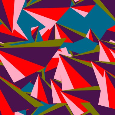 Renkli kaotik üçgenleri ve çokgenleri olan soyut, pürüzsüz desenler. Sonsuz üçgen dağınık geometrik desen. Vektör illüstrasyonu.     