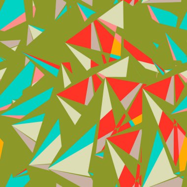Renkli kaotik üçgenleri ve çokgenleri olan soyut, pürüzsüz desenler. Sonsuz üçgen dağınık geometrik desen. Vektör illüstrasyonu.     
