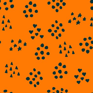 Soyut dağınık geometrik desen. Kalpler, noktalar, üçgenler, yıldızlar. Vektör illüstrasyonu.