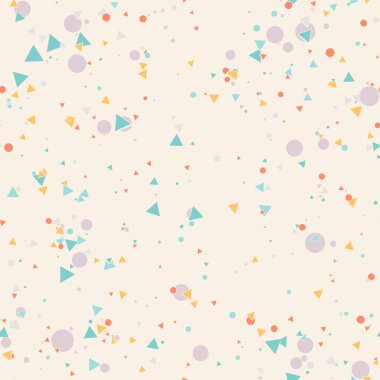 Renkli kaotik küçük daireler ve bej üzerinde üçgenler olan soyut, pürüzsüz desenler. Sonsuz geometrik desen. Vektör illüstrasyonu.    