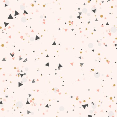 Renkli kaotik küçük daireler ve bej üzerinde üçgenler olan soyut, pürüzsüz desenler. Sonsuz geometrik desen. Vektör illüstrasyonu.    