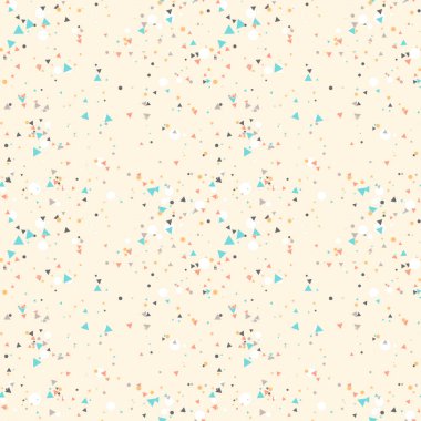 Renkli kaotik küçük daireler ve bej üzerinde üçgenler olan soyut, pürüzsüz desenler. Sonsuz geometrik desen. Vektör illüstrasyonu.    