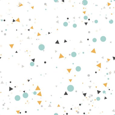 Renkli kaotik küçük daireler ve bej üzerinde üçgenler olan soyut, pürüzsüz desenler. Sonsuz geometrik desen. Vektör illüstrasyonu.    