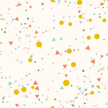 Renkli kaotik küçük daireler ve bej üzerinde üçgenler olan soyut, pürüzsüz desenler. Sonsuz geometrik desen. Vektör illüstrasyonu.    