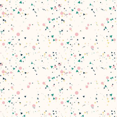 Renkli kaotik küçük daireler ve bej üzerinde üçgenler olan soyut, pürüzsüz desenler. Sonsuz geometrik desen. Vektör illüstrasyonu.    