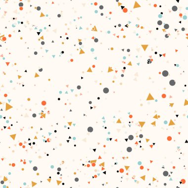 Renkli kaotik küçük daireler ve bej üzerinde üçgenler olan soyut, pürüzsüz desenler. Sonsuz geometrik desen. Vektör illüstrasyonu.    