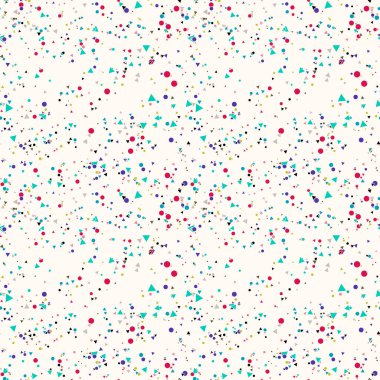 Renkli kaotik küçük daireler ve bej üzerinde üçgenler olan soyut, pürüzsüz desenler. Sonsuz geometrik desen. Vektör illüstrasyonu.    