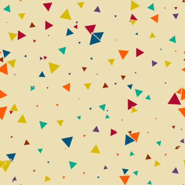 Soyut Memphis pürüzsüz deseni, renkli kaotik küçük üçgenler. Sonsuz üçgen dağınık geometrik desen. Renkli Terrazzo fayansları. Vektör illüstrasyonu.    