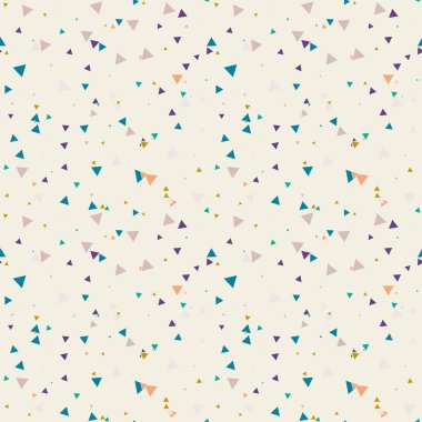 Soyut Memphis pürüzsüz deseni, renkli kaotik küçük üçgenler. Sonsuz üçgen dağınık geometrik desen. Renkli Terrazzo fayansları. Vektör illüstrasyonu.    