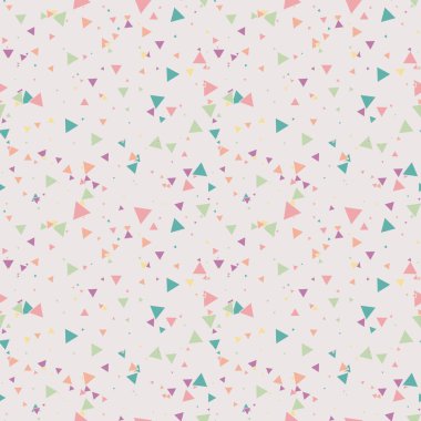 Soyut Memphis pürüzsüz deseni, renkli kaotik küçük üçgenler. Sonsuz üçgen dağınık geometrik desen. Renkli Terrazzo fayansları. Vektör illüstrasyonu.    