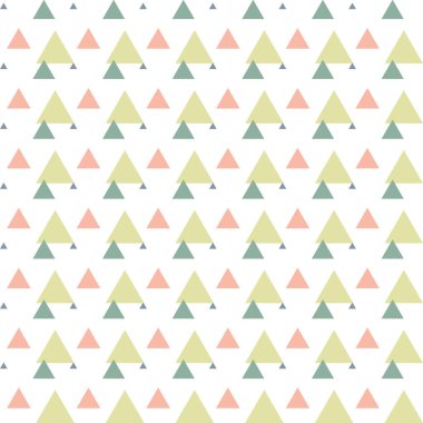 Üçgen yeşil, pembe, mavi, beyaz geometrik dikişsiz desen. Üçgenin, deltanın, trigonun soyut geometrik arkaplanı. Modern stil dokusu. Üçgenlerden tekrar eden fayanslar. Vektör.