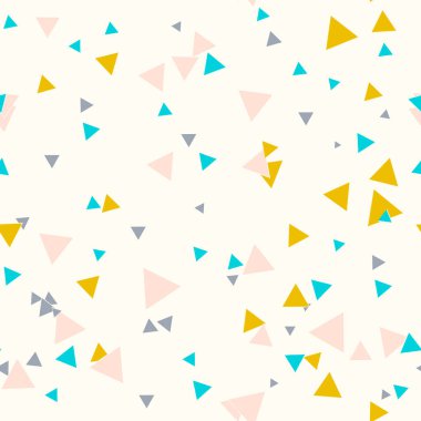 Sarı, mavi, gri, bej üzerine pembe üçgenlerle renksiz, pürüzsüz bir desen. Soyut kaotik geometrik. Üçgen geometrik arka plan. Sonsuz geometrik desen. Vektör illüstrasyonu.