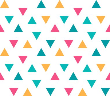 Beyaz arkaplanda renkli üçgenlerin kusursuz soyut geometrik süsü. Kusursuz soyut üçgen geometrik desen. Sonsuz geometrik desen. Vektör illüstrasyonu.