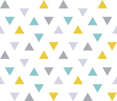 Beyaz zemin üzerinde renkli üçgenler olan kusursuz geometrik desen. Kusursuz soyut üçgen geometrik arkaplan. Sonsuz geometrik desen. Vektör illüstrasyonu.