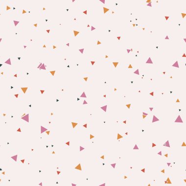 Renkli mavi, altın sarısı, turuncu, kaotik, bej arkaplanda küçük üçgenler olan soyut, pürüzsüz bir desen. Sonsuz üçgen, geometrik kart. Vektör illüstrasyonu.