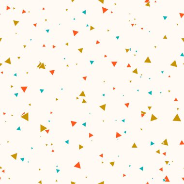 Renkli mavi, altın sarısı, turuncu, kaotik, bej arkaplanda küçük üçgenler olan soyut, pürüzsüz bir desen. Sonsuz geometrik kart. Vektör illüstrasyonu.
