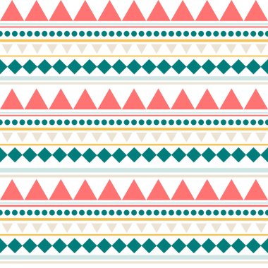 Noktaları, üçgenleri, çizgileri, kareleri olan çizgili, pürüzsüz etnik desen. Kabile doğrusal geometrik arka planı. Vektör illüstrasyonu.