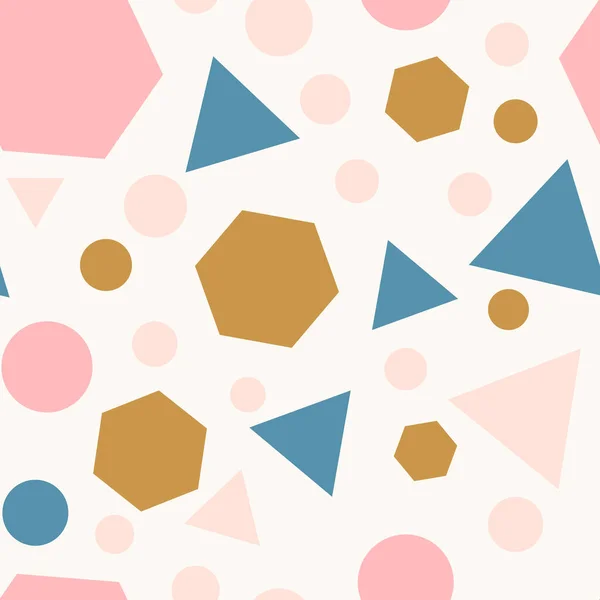 Abstract Naadloos Patroon Met Kleurrijke Chaotische Zeshoeken Cirkels Driehoeken Wit — Stockvector