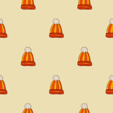 Karikatür karalama yün şapka, ponpom pürüzsüz desenli. Puantiyeli kış kumaşı arka plan. Paket kağıdı. Vektör illüstrasyonu.  