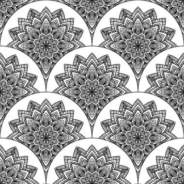 Soyut mandala balık pulu pürüzsüz desen. Süslü fayans, mozaik arka plan. Çiçek işi sonsuz kart. Arapça, Hintçe, sedirli motifler. Vektör illüstrasyonu.   