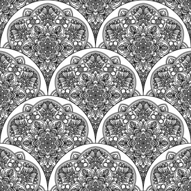 Soyut mandala balık pulu pürüzsüz desen. Süslü fayans, mozaik arka plan. Çiçek işi sonsuz kart. Arapça, Hintçe, sedirli motifler. Vektör illüstrasyonu. 