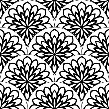 Soyut mandala balık pulu pürüzsüz desen. Süslü fayans, mozaik arka plan. Çiçek işi sonsuz kart. Arapça, Hintçe, sedirli motifler. Vektör illüstrasyonu. 