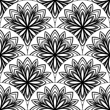 Soyut mandala balık pulu pürüzsüz desen. Süslü fayans, mozaik arka plan. Çiçek işi sonsuz kart. Arapça, Hintçe, sedirli motifler. Vektör illüstrasyonu. 