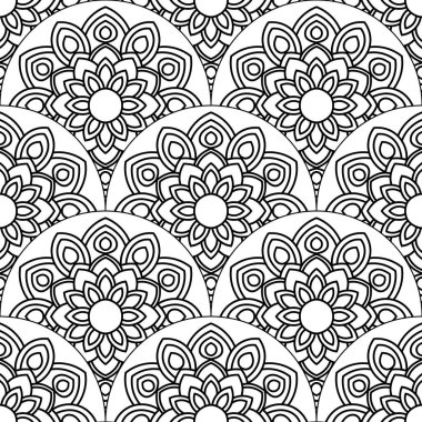 Soyut mandala balık pulu pürüzsüz desen. Süslü fayans, mozaik arka plan. Çiçek işi sonsuz kart. Arapça, Hintçe, sedirli motifler. Vektör illüstrasyonu.  