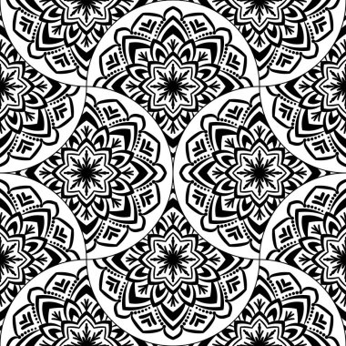 Soyut mandala balık pulu pürüzsüz desen. Süslü fayans, mozaik arka plan. Çiçek işi sonsuz kart. Arapça, Hintçe, sedirli motifler. Vektör illüstrasyonu.  