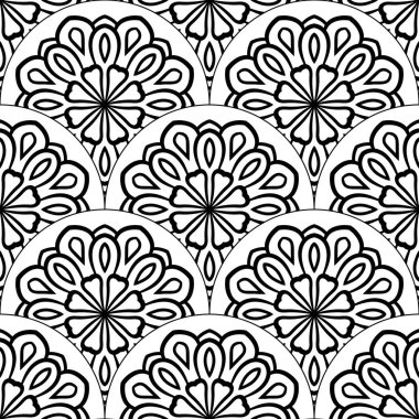 Soyut mandala balık pulu pürüzsüz desen. Süslü fayans, mozaik arka plan. Çiçek işi sonsuz kart. Arapça, Hintçe, sedirli motifler. Vektör illüstrasyonu.  