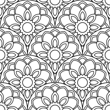 Soyut mandala balık pulu pürüzsüz desen. Süslü fayans, mozaik arka plan. Çiçek işi sonsuz kart. Arapça, Hintçe, sedirli motifler. Vektör illüstrasyonu. 