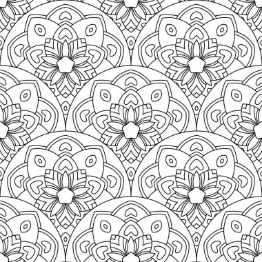 Soyut mandala balık pulu pürüzsüz desen. Süslü fayans, mozaik arka plan. Çiçek işi sonsuz kart. Arapça, Hintçe, sedirli motifler. Vektör illüstrasyonu. 