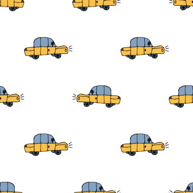Çizgi film çizgi romanları, çocuk tarzında arabaların çizimlerini çizer. Taksi arka planı. Vektör illüstrasyonu. 