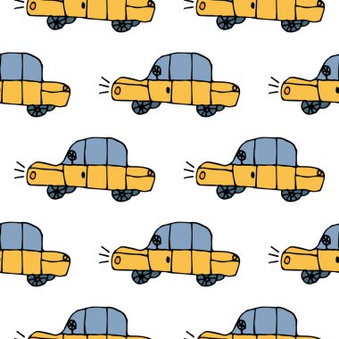 Cartoon doodle linear seamless pattern with cars in childlike style.  Taxi background. Vector illustration.  clipart