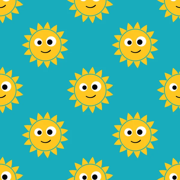 Cartoon Cute Happy Sun Seamless Pattern Sunny Day Sky Background — Stock Vector