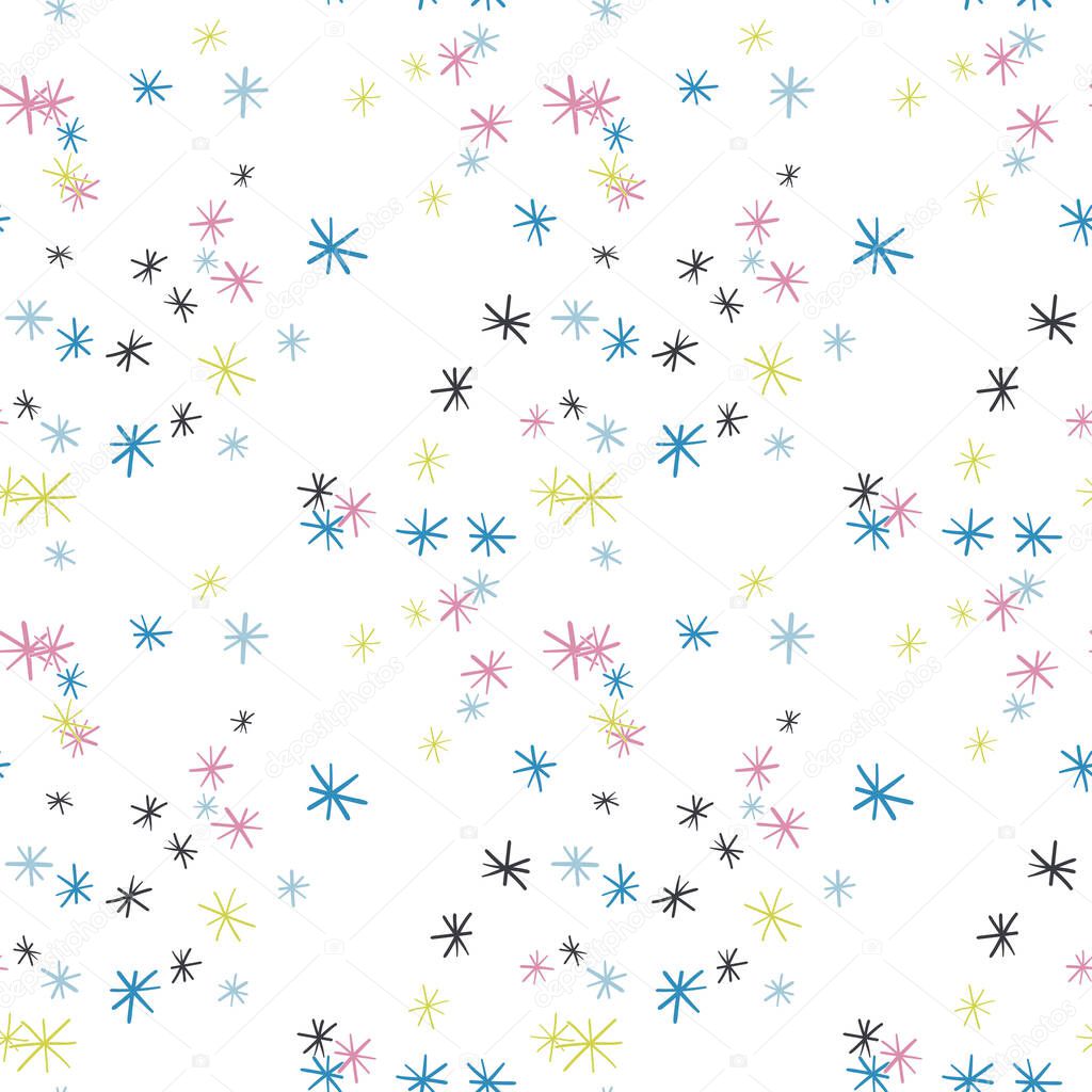 Seamless pattern with doodle snowflakes. Winter festive background. Holiday wrapping paper. Vector illustration. 