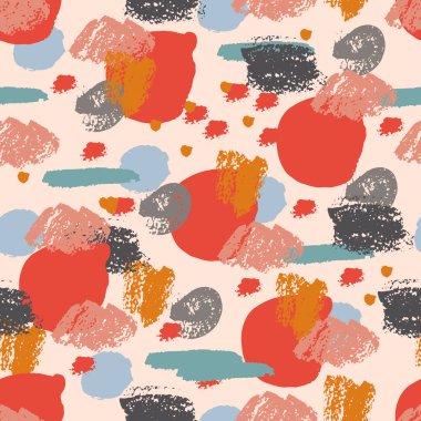 Soyut el fırçası darbeleri, boya sıçramaları, çizgiler, daireler, geometrik şekiller... Dağınık sonsuzluk dokusu, modern pasaklı arka plan. Vektör illüstrasyonu.