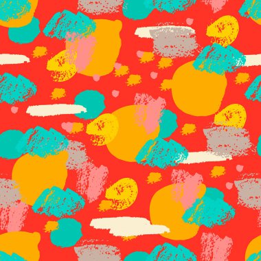 Soyut el fırçası darbeleri, boya sıçramaları, çizgiler, daireler, geometrik şekiller... Dağınık sonsuzluk dokusu, modern pasaklı arka plan. Vektör illüstrasyonu.