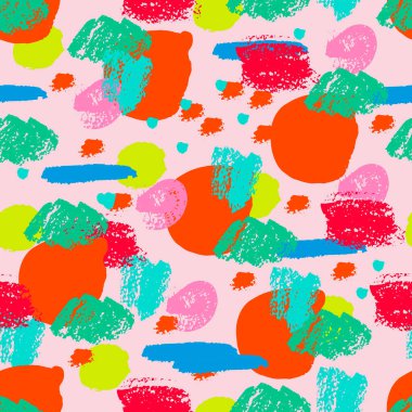 Soyut el fırçası darbeleri, boya sıçramaları, çizgiler, daireler, geometrik şekiller... Dağınık sonsuzluk dokusu, modern pasaklı arka plan. Vektör illüstrasyonu.