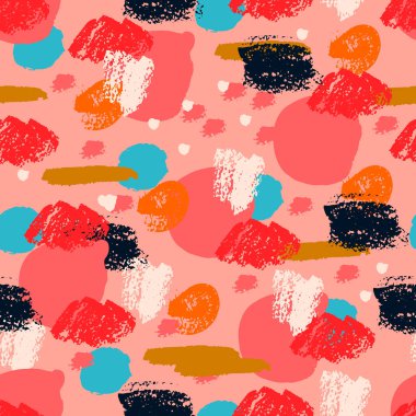 Soyut el fırçası darbeleri, boya sıçramaları, çizgiler, daireler, geometrik şekiller... Dağınık sonsuzluk dokusu, modern pasaklı arka plan. Vektör illüstrasyonu.