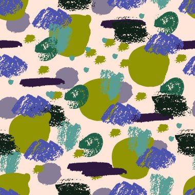 Soyut el fırçası darbeleri, boya sıçramaları, çizgiler, daireler, geometrik şekiller... Dağınık sonsuzluk dokusu, modern pasaklı arka plan. Vektör illüstrasyonu.