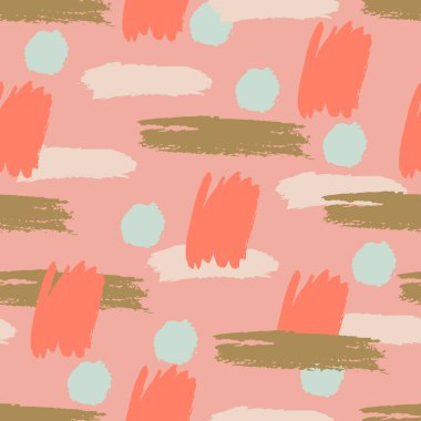 Daire, çizgiler, çizgiler, çizgiler, soyut el fırça darbeleri ve boya sıçramaları ile renksiz grunge deseni. Sonsuz doku, modern pasaklı arka plan. Vektör illüstrasyonu.