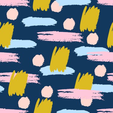 Daire, çizgiler, çizgiler, çizgiler, soyut el fırça darbeleri ve boya sıçramaları ile renksiz grunge deseni. Sonsuz doku, modern pasaklı arka plan. Vektör illüstrasyonu.