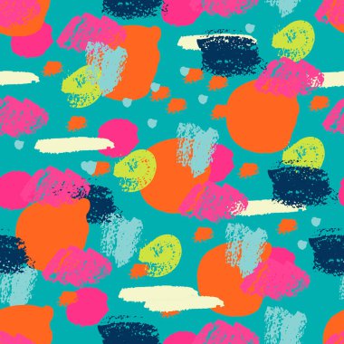 Soyut el fırçası darbeleri, boya sıçramaları, çizgiler, daireler, geometrik şekiller... Dağınık sonsuzluk dokusu, modern pasaklı arka plan. Vektör illüstrasyonu.