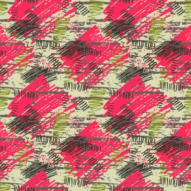 Renkli eşkenar dörtgen pürüzsüz desen, soyut el fırçası darbeleri ve boya lekeleri. Dağınık sonsuzluk dokusu, modern pasaklı arka plan. Vektör illüstrasyonu. 