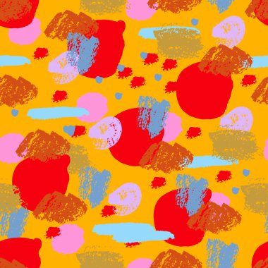 Soyut el fırçası darbeleri, boya sıçramaları, çizgiler, daireler, geometrik şekiller... Dağınık sonsuzluk dokusu, modern pasaklı arka plan. Vektör illüstrasyonu.