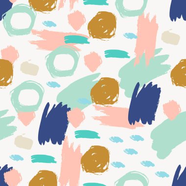 El fırçası darbeleri, daireler, yüzükler ve boya sıçramaları, çizgiler, geometrik şekiller ile renklendirilmiş güzel geometrik gren deseni. Dağınık bir yapısı, kirli bir geçmişi var. Vektör. 