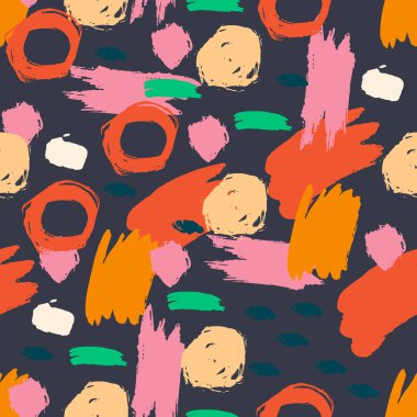 El fırçası darbeleri, daireler, yüzükler ve boya sıçramaları, çizgiler, geometrik şekiller ile renklendirilmiş güzel geometrik gren deseni. Dağınık bir yapısı, kirli bir geçmişi var. Vektör. 