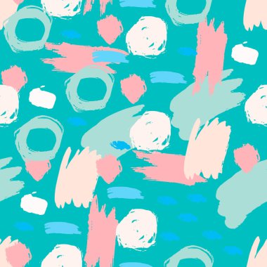 Grunge kusursuz desen. El çizimi grunge rasgele fırça darbeleri, noktalar, daireler, halkalar ile soyut renkli arka plan. Kirli baloncuklar. Noktalı doku. Vektör illüstrasyonu.