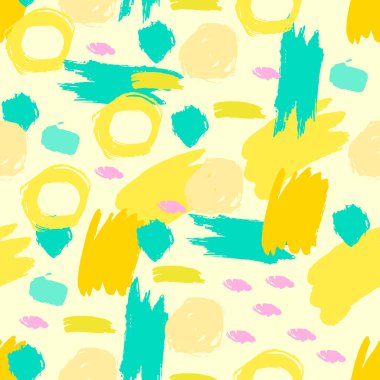 El fırçası darbeleri, daireler, yüzükler ve boya sıçramaları, çizgiler, geometrik şekiller ile renklendirilmiş güzel geometrik gren deseni. Dağınık bir yapısı, kirli bir geçmişi var. Vektör.